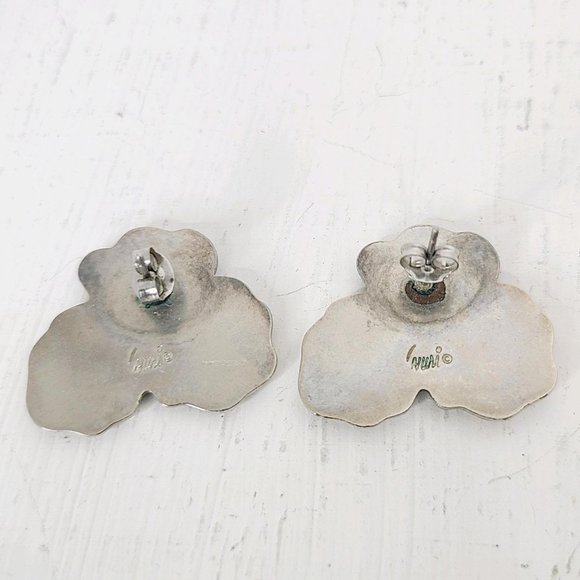 Vintage Abalone Earrings, Signed Nuri, Silver Toned, Flower, Clover, 80's, EUC - Picture 2 of 2